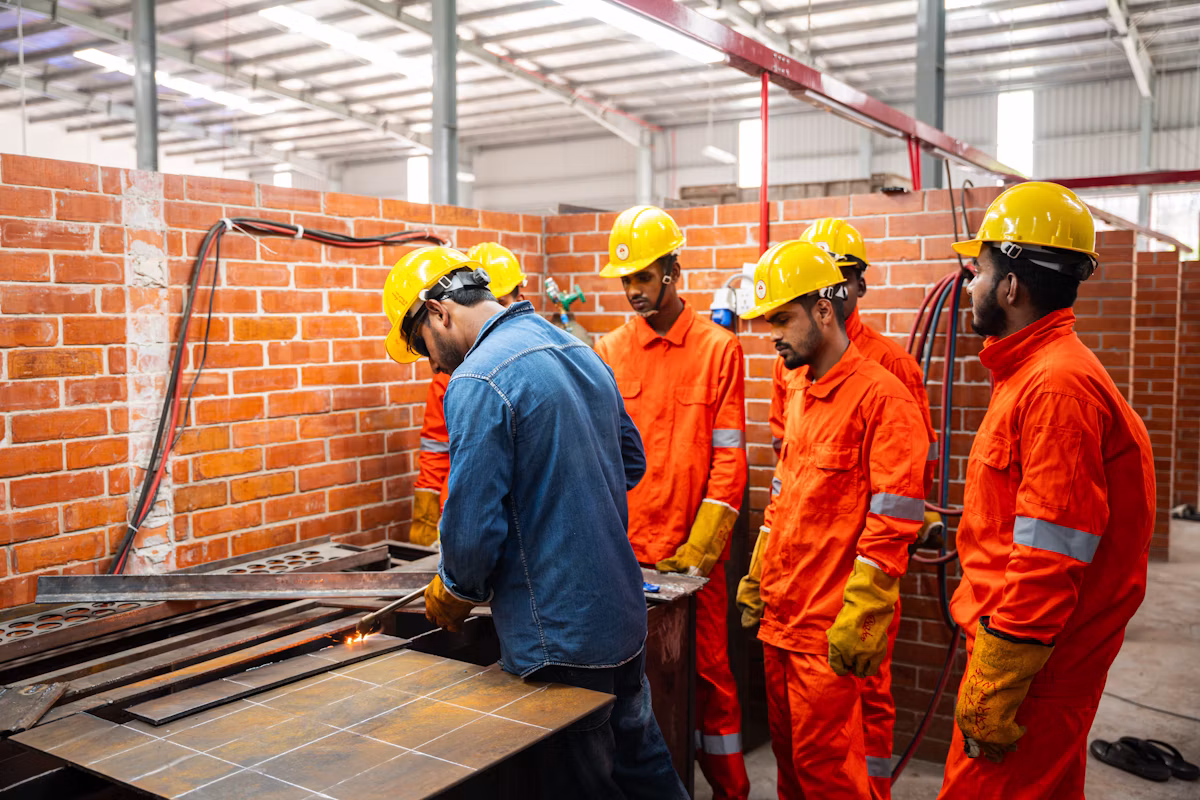 Field engineers in PPE installing industrial equipment on site